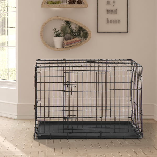 36-Inch Iron Foldable Dog and Cat Cage with Divider and Plastic Tray – Black Pet Cage