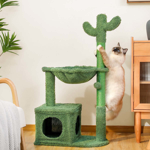 Cactus Cat Tree – 40-Inch Cat Tower with Hammock, Scratching Pillar & Hanging Ball for Indoor Cats