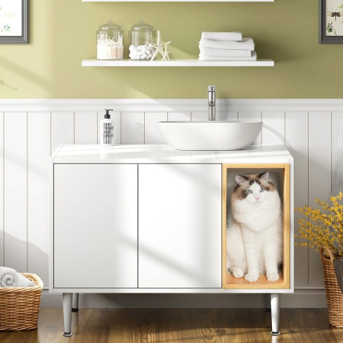 Bathroom Sink Cabinet with Cat Litter Box Enclosure – Hidden Litter Pet Washroom with Divider for Large Cats (White)